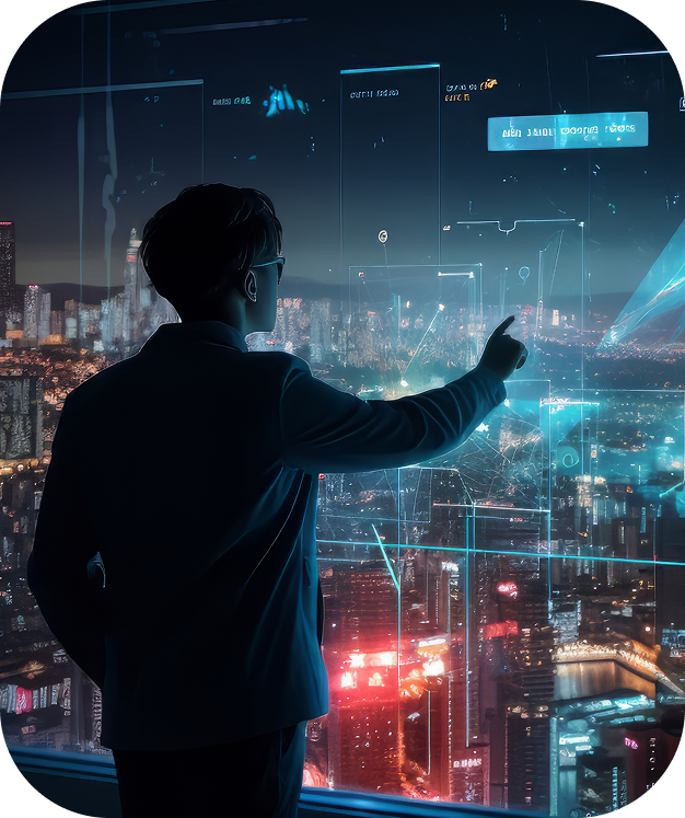 Person interacting with futuristic digital interfaces